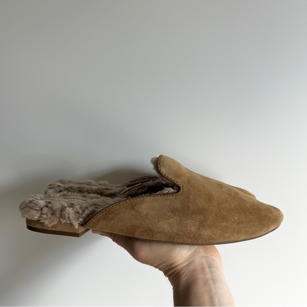 Birdies The Phoebe Mule Slipper Camel Suede Leather Cream Faux Fur Size 8 - Picture 7 of 16
